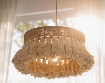 Suspension en rotin, suspension bohème, lustre à franges en jute, éclairage de plafond naturaliste, lustre en rotin de style campagnard