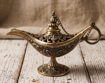 Quemador de incienso con forma de lámpara de genio de Aladino / Porta incienso de latón hecho a mano / Decoración bohemia para el hogar