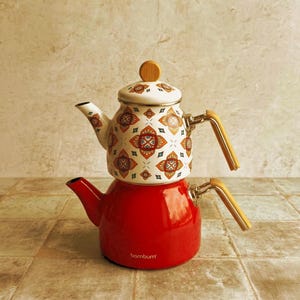 Théière turque émaillée, théière sur la cuisinière, théières vintage, ensemble de bouilloires à thé turques traditionnelles, cadeau pour les amateurs de thé - décoration de cuisine de ferme