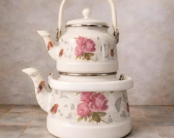 Vintage Enamel Teapot for Stove Top - Floral Tea Kettle - Turkish Tea Pot Set - Gift for Tea Lovers - Farmhouse Kitchen Decor