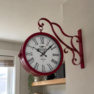 Vintage Double-Sided Station Clock, Red Rustic Farmhouse Wall Clock, Hanging Clock, European Hallway Decor