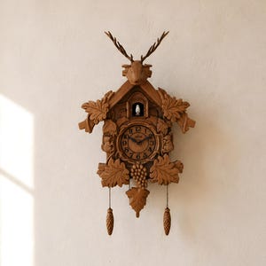 May include: A wooden cuckoo clock with a deer head, carved leaves, and a circular clock face. The clock has two pinecone-shaped weights hanging below. The clock is mounted on a white wall.