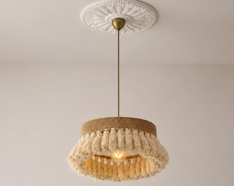 Suspension bohème, lustre à franges en jute, éclairage de plafond naturaliste, suspension en rotin, lustre rustique en rotin