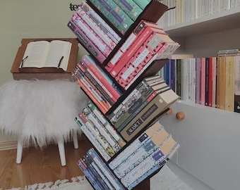 Libreria ad albero con contenitore, porta libri in legno, moderno supporto per libri, libreria alta in legno a 8 ripiani