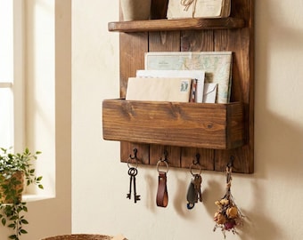 Handmade Walnut Key Holder with Shelf – Entryway Organizer, Mail and Key Rack