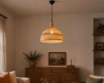 Wicker Ceiling Light, Handwoven Rattan Dome Pendant Light, Boho Pendant Light, Naturalistic Ceiling Lighting, Farmhouse Rattan Chandelier