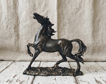 Antique Black Rearing Horse Sculpture | Vintage Resin Figurine, Aged Brass Patina