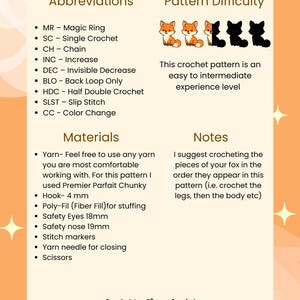 May include: A crochet pattern guide with abbreviations, materials, and notes. The pattern difficulty is easy to intermediate. The materials include yarn, a 4 mm hook, stuffing, safety eyes, and a safety nose. The guide features fox illustrations.