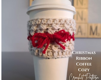 Ribbon Coffee Cozy Crochet Pattern: Off White and Red Beginner Project (2 PDFs)