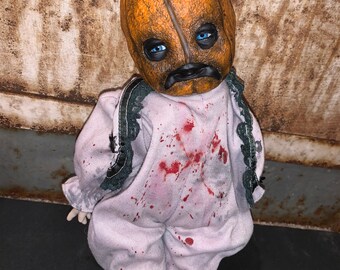 Pumpkin head creepy haunted doll -  weird scary horror ooak halloween sculpted oddity curiosity