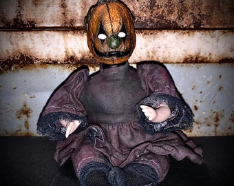Pumpkin head clown creepy haunted doll -  weird scary horror ooak halloween sculpted oddity curiosity