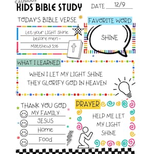 Puede incluir: Una hoja de trabajo blanca de Estudio Bíblico para Niños con bordes y texto coloridos. La hoja de trabajo incluye secciones para un versículo bíblico, la palabra favorita "SHINE" y una oración. Las ilustraciones incluyen una estrella, un libro y una bombilla.