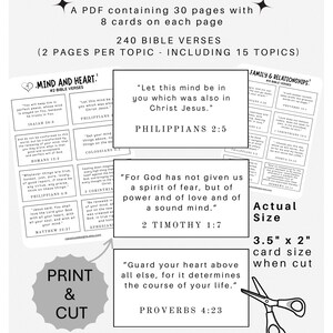 May include: Printable Bible verse cards with inspirational quotes. The PDF includes 30 pages with 8 cards per page, totaling 240 verses. Each card is 3.5" x 2" when cut. The design features text in a clean, modern layout, perfect for personal use or gifts.