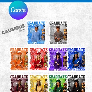 May include: A graphic design featuring ten graduation templates with the word "GRADUATE" and the year "2026". Each template has a different color scheme and includes a photo and a name. The text "10 EDITABLE COLOR TEMPLATES" and "Canva" are also visible.