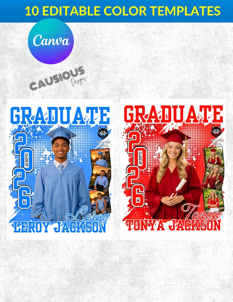 May include: A digital design template for graduation announcements. The design features two examples: one in blue with a photo of a graduate, and another in red with a different graduate. The text includes "GRADUATE" and "CLASS OF 2026".