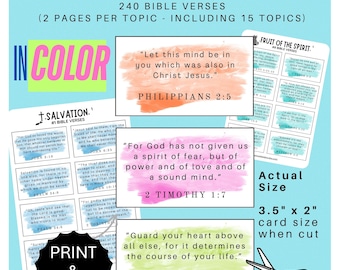 Color Printable Scripture Cards: 15 Topics, 240 Cards, Memory Bible Verse Affirmations (PDF Download)