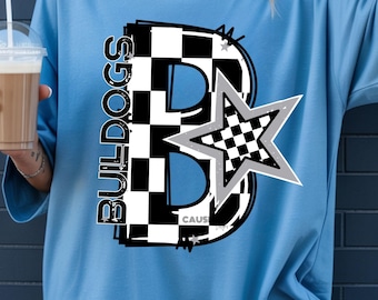 Checkered Bulldogs Retro Star PNG: 2 DESIGNS, Checkered Doodle, Game Day Sublimation (Digital Download)