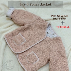 May include: A pink fleece jacket with two pockets and a button closure. The jacket is for children ages 4-5-6 years old. The image includes the text "PDF Sewing Pattern + Tutorial".
