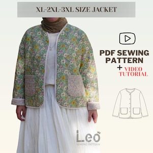 May include: A floral print jacket in XL-2XL-3XL sizes. The jacket has a light green background with yellow and pink flowers. It features two front pockets and a white trim. The image also includes text that says "PDF Sewing Pattern + Video Tutorial."