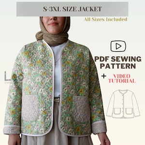 May include: A floral print jacket with a light green background and pink and yellow flowers. The jacket has two front pockets and a white trim. The text "S-3XL SIZE JACKET" and "All Sizes Included" are visible. The image also includes a PDF sewing pattern and video tutorial.