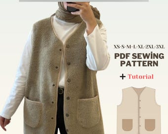 Vest PDF Sewing Pattern XS-3XL | Teddy Vest | Fall Women Vest Sewing Pattern | Easy Winter Vest Sewing Pattern | Sleeve-Less Women Coat