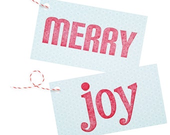 Merry / Joy Letterpress Gift Tags on Ice Blue & White Patterned Stock - Pack of 4