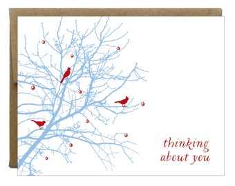 Thinking About You Berry Bird Branch Greeting Card