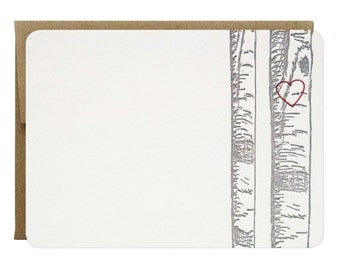 Silver Birch Tree with Carved Red Heart Letterpress Stationery - Pack of 5
