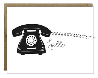 Hello Black Phone with Sewn Cord Greeting Card