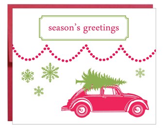 Vintage Volkswagen Bug with Sage Green Christmas Tree Greeting Card