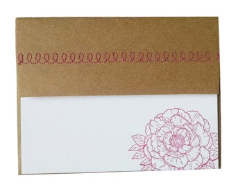 Peony Letterpress Stationery in Fuchsia with Sewn Envelope