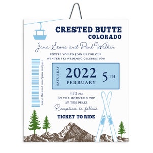 Ski Pass Mountain Wedding | Skis and Gondola Lift Ticket Wedding Invitation