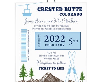 Ski Pass Mountain Wedding | Skis and Gondola Lift Ticket Wedding Invitation