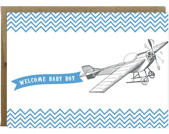 Welcome Baby Boy Vintage Plane Greeting Card