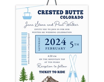 Ski Pass Wedding Invitation: Mountain Gondola Lift Ticket Design