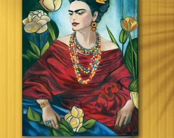 Frida in a Red Dress, Frida Kahlo Oil Painting on Canvas, Mexican Art