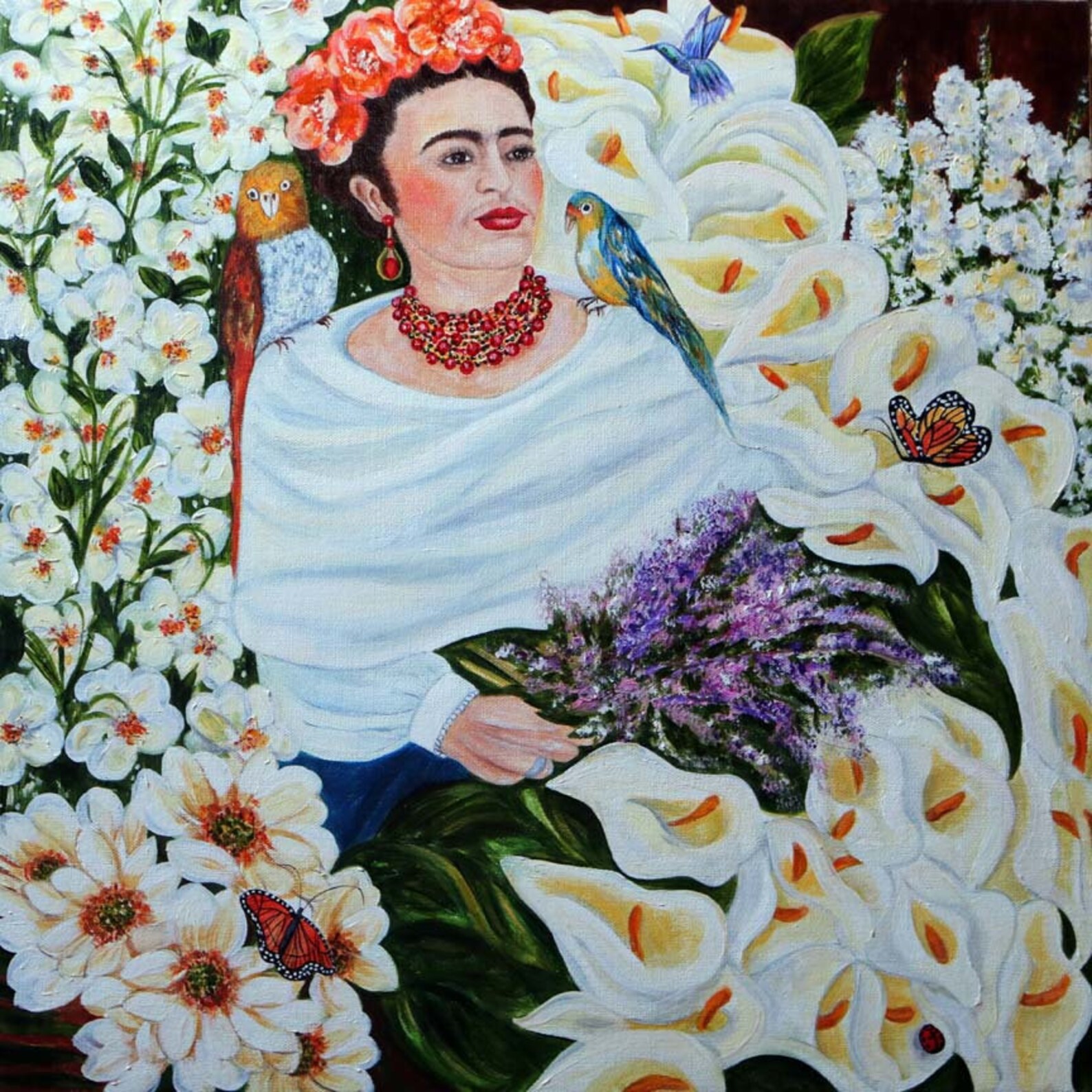 Frida Kahlo painting with Cala Lillie Flowers Garden Art Etsy