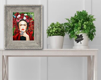 Frida Kahlo Print on Canvas, Red Print Floral, Canvas Wall Art Print