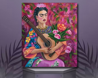 Oil Painting on Canvas Frida Kahlo Playing Guitar, Floral Art Canvas