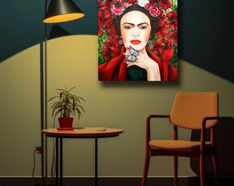 Canvas Print, Frida Kahlo Print on Canvas, Red Print, Floral Art Canvas Print, Wall Art