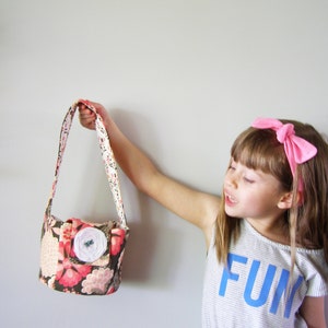 Purse-girls-bucket bag - little cotton girls&#39; purse - pink, beige, and brown floral pattern bag - gifts for children