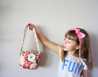 Purse-girls-bucket bag - little cotton girls' purse - pink, beige, and brown floral pattern bag - gifts for children