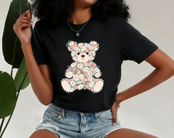 Floral Bear Women Tee, Pastel Boho Graphic Shirt, Cute Flower Bear Apparel, Gift for Animal Lovers, Women Spring Summer Fashion