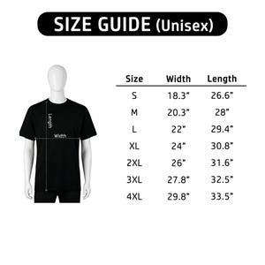 May include: A black t-shirt size guide chart featuring a mannequin wearing a plain black t-shirt with width and length measurement lines. The table lists sizes S through 4XL with corresponding width and length measurements in inches.