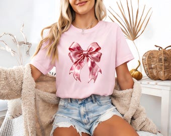 Pink Heart Bow Women Tee, Satin Graphic Shirt, Cute Women Apparel, Fashion Women Top, Gift for Girlfriend Wife