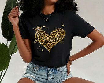 Leopard Queen Heart Women Graphic Tee, Retro Crown Print Tee, Fashion Feminine Tee, Empowering Gift For Her