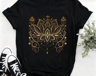 Gold Mandala Lotus Unisex Graphic Tee, Boho Spiritual Shirt, Ornate Floral Tee, Retro Women Men Tee, Mindful Gift For Her Him