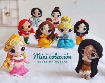 Pacchetto PDF 17 in 1 con schema all'uncinetto per bambole principesse: Trilli, Raperonzolo, Aurora, Cenerentola, Tiana, Mulan, Belle, Ariel, Pocahontas, Moana, Elsa