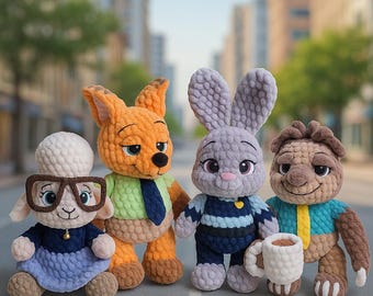 Bundle 4 in 1 Nick, Judy, Zootopia and Flash crochet pattern. English Pattern, Crochet Pattern, Amigurumi Crochet Patterns, Plushie Pattern.