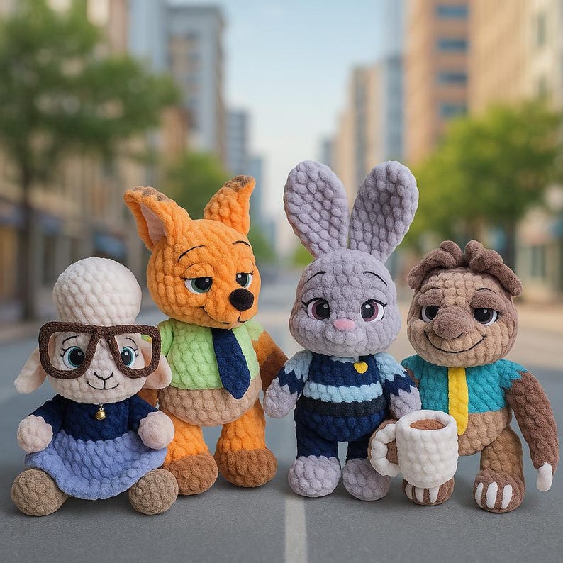 May include: Four crocheted Zootopia character plush toys. The toys include a sheep with glasses, a fox in a tie, a rabbit in a uniform, and a sloth holding a mug. They are arranged in a row against a blurred city backdrop.